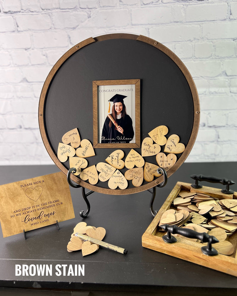 Round Guest Book Frame with Photo Opening for Graduation Celebration, Graduation Caps and Diploma drops, picture frame insert