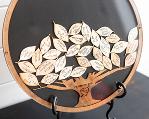 Round Guest Book Frame - Wooden Tree Insert with Leaf Drops