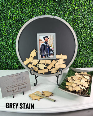 Round Guest Book Frame with Photo Opening for Graduation Celebration, Graduation Caps and Diploma drops, picture frame insert