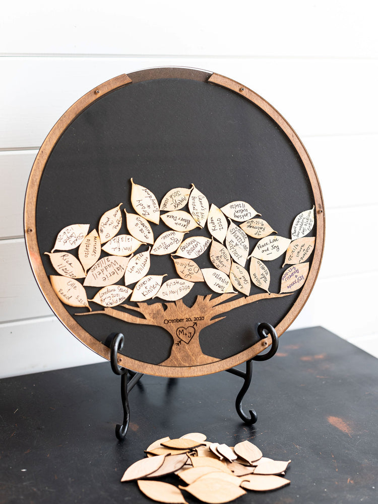 Round Guest Book Frame - Wooden Tree Insert with Leaf Drops
